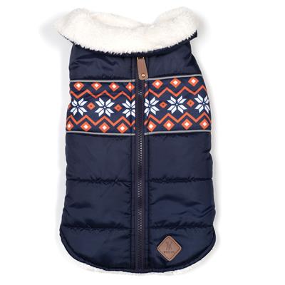 Navy blue dog coat with white and orange pattern on a white background