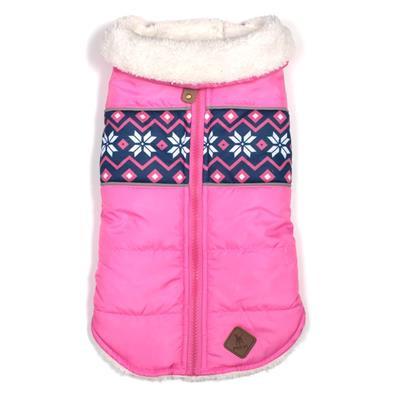 Pink dog coat with white snowflake pattern on a white background