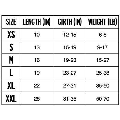 Size chart with measurements for length, girth, and weight in inches and pounds.