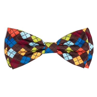 Colorful bow tie with a plaid pattern on a white background