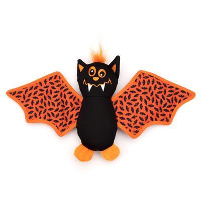 Black plush dog toy with orange bat wings on a white background