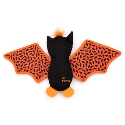 Bat-shaped toy with orange wings and black patterns on a white background