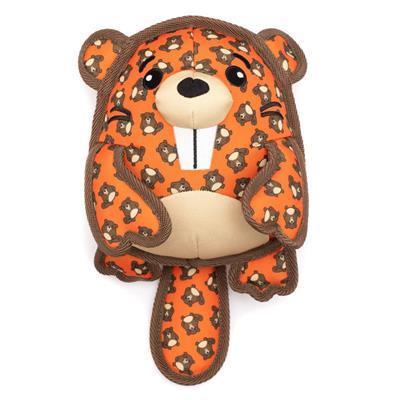 Plush toy shaped like a beaver with an orange and brown pattern on a white background
