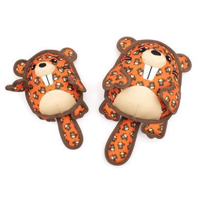 Two orange and brown plush toys shaped like beavers on a white background