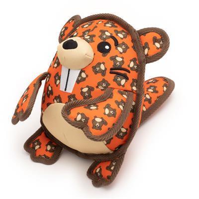 Stuffed toy beaver with orange and brown pattern on a white background