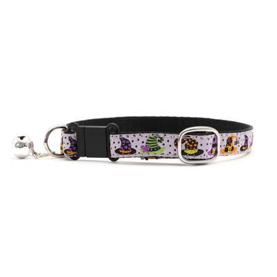 Cat collar with colorful witches hats and bell on white background