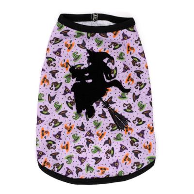 Halloween-themed pet shirt with black cat and witch hats on a purple fabric on a white background