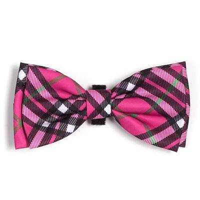 Pink and black plaid bow tie on a white background