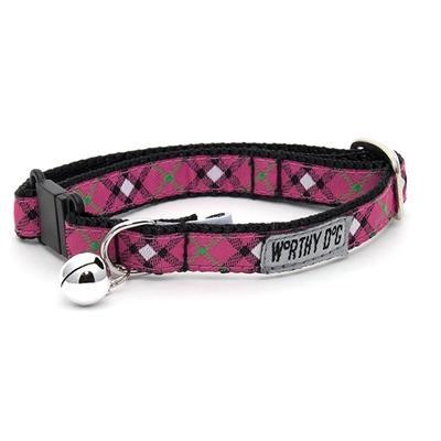 Pink and black patterned cat collar with a bell and name tag on a white background