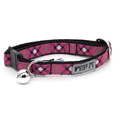 Pink and black patterned cat collar with a bell and name tag on a white background