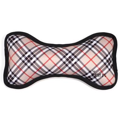 Plaid patterned dog toy with black border on a white background