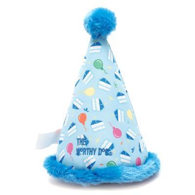 Blue party hat plush toy with colorful patterns on a white background