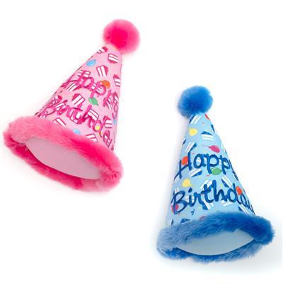 Two colorful birthday hats with 'Happy Birthday' text on a white background