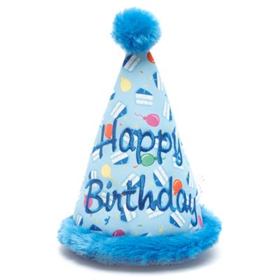 Blue birthday hat with colorful text and pom-pom on a white background