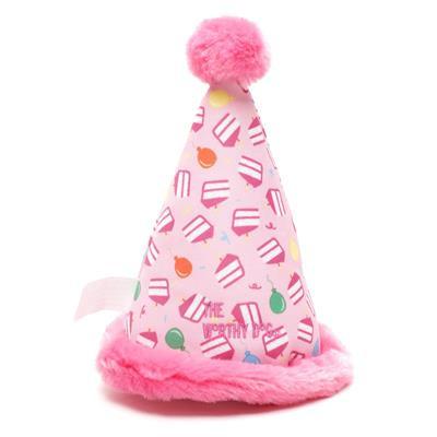 Pink birthday hat with colorful patterns on a white background