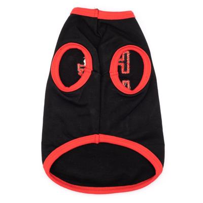 Black pet tee with red accents on a white background