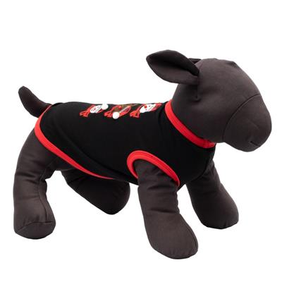 Dog toy dressed in a black outfit with red trim on a white background