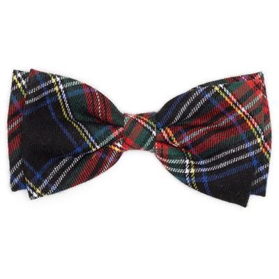 Plaid bow tie with red, blue, green, and black colors on a white background