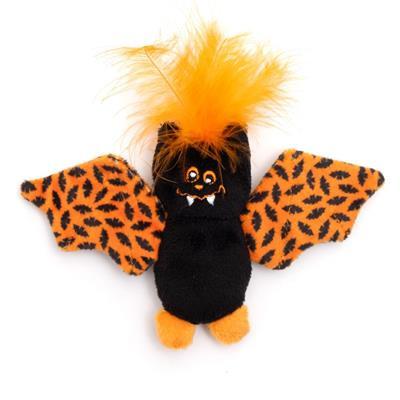 Black and orange bat-shaped cat toy with feathered top on a white background