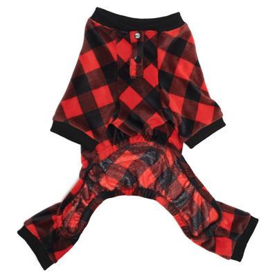 Red and black plaid dog pajamas on a white background