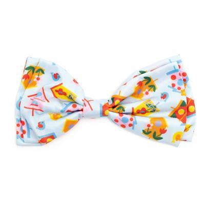 Colorful bow tie with birdhouses pattern on a white background