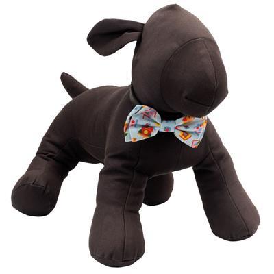 Brown plush dog toy with a colorful bow tie on a white background