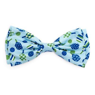 Blue bow tie with green and white patterns on a white background