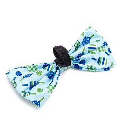Blue bow tie with green and white patterns on a white background