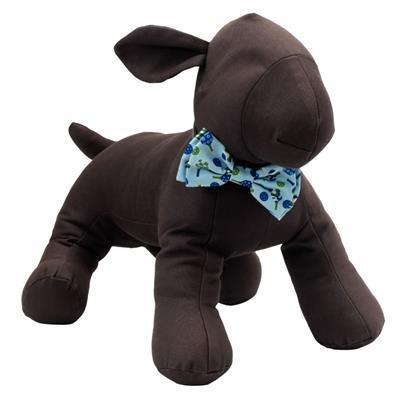 Brown plush dog toy with a blue bow tie on a white background