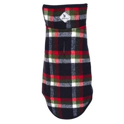 Plaid dog coat with brand logo on a white background