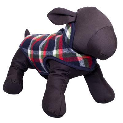 Dog-shaped plush toy wearing a plaid coat on a white background