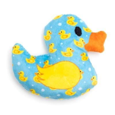 Plush toy shaped like a duck with yellow rubber duck patterns on a blue background