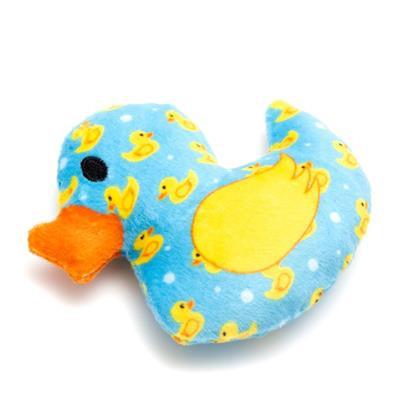 Plush toy shaped like a duck with yellow ducks on a blue background
