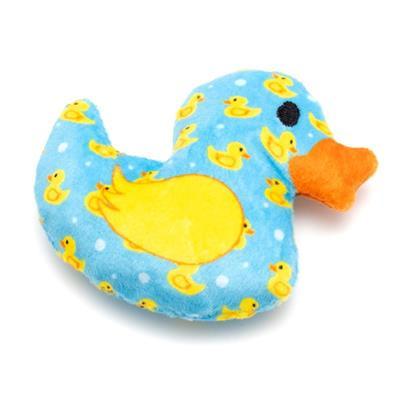 Plush duck toy with yellow rubber duck pattern on a blue background