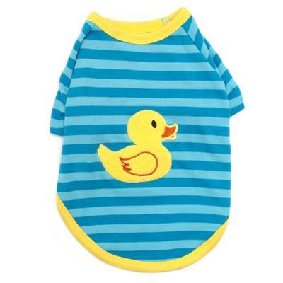 Blue and yellow striped pet shirt with a duck design on a white background