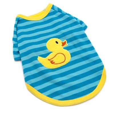 Blue and yellow striped pet shirt with a rubber duck design on a white background
