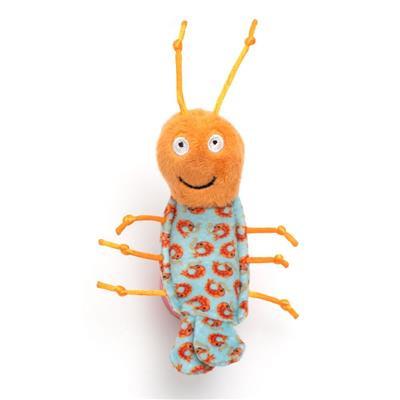 Plush toy shrimp with a patterned body on a white background