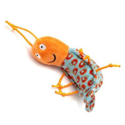 Plush toy resembling a shrimp with orange body and blue wings on a white background