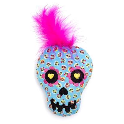 Decorative skull with floral patterns and pink fur on a white background