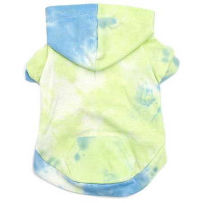 Tie-dye dog hoodie with green and blue pattern on a white background