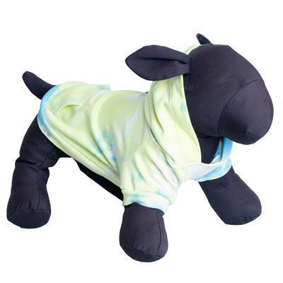 Plush dog mannequin wearing a tie-dye shirt on a white background