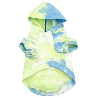 Tie-dye hoodie with green and blue pattern on a white background
