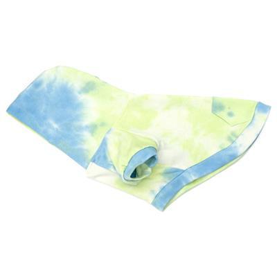 Tie-dye hoodie with green and blue pattern on a white background