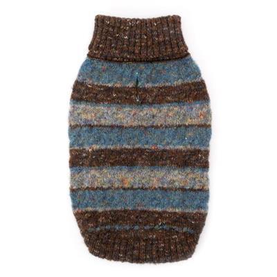 Striped dog sweater with brown and blue pattern on a white background