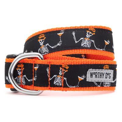 Dog collar with skeleton design and orange accents on a white background