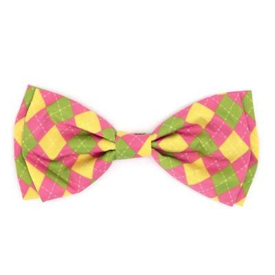 Colorful pink, yellow & green argyle patterned bow tie on a white background