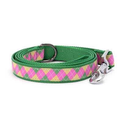Green dog leash with pink and yellow argyle pattern on a white background