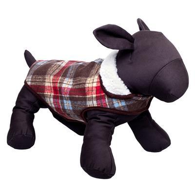 Dog toy with a plaid coat on a white background