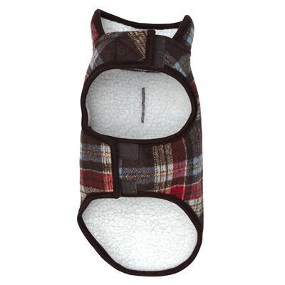 Plaid patterned dog coat with white sherpa interior on a white background