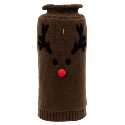 Brown knitted dog sweater with reindeer face design on a white background